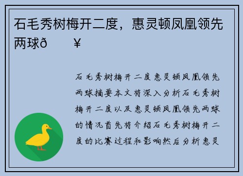 石毛秀树梅开二度，惠灵顿凤凰领先两球💥